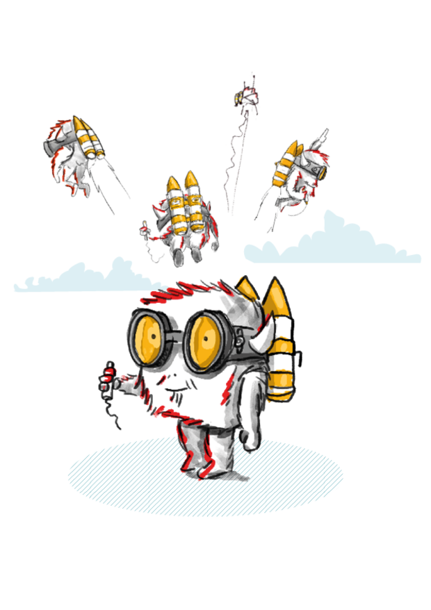 Illustration vom DKTF Monster mit Raketen am Rücken und Auslöser in der Hand, vier weitere Monster fliegen mit Raketen im Hintergrund