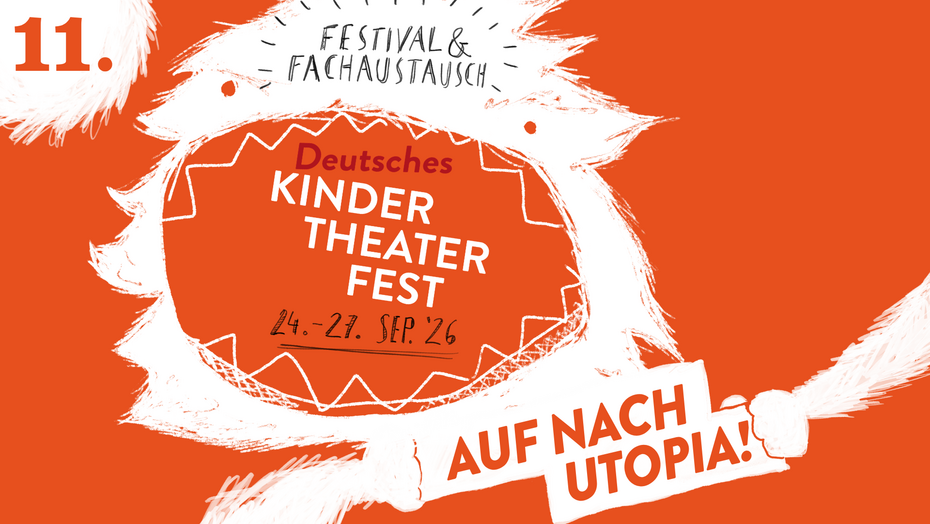 Eckdaten des 11. Deutschen Kinder-Theater-Festes auf orangenem Hintergrund mit weißem Umriss des Maskottchen Monsters